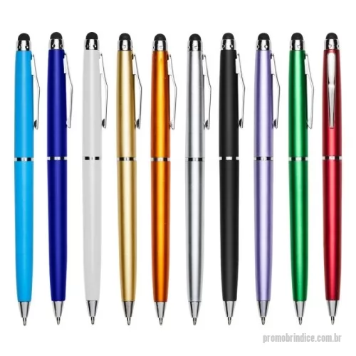 Caneta plástica personalizada -  Caneta plástica touch screen com acionamento por rotação e carga esferográfica azul 1mm.