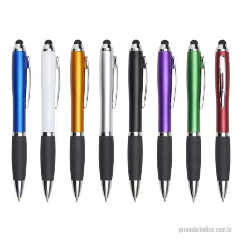 Caneta plástica personalizada - Caneta plástica com touch screen, acionamento por rotação e carga esferográfica azul 1mm.