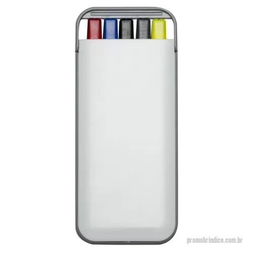 Caneta plástica personalizada - Kit 5 em 1 branco em estojo plástico