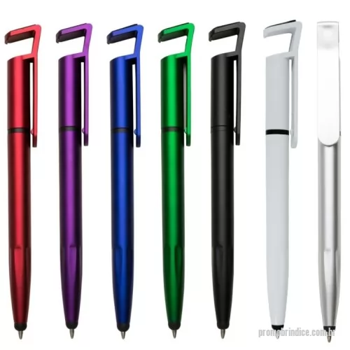 Caneta plástica personalizada - Caneta plástica com suporte para celular, ponteira touch screen e limpador de tela. Carga esferográfica azul 1.0 mm e acionamento por rotação.