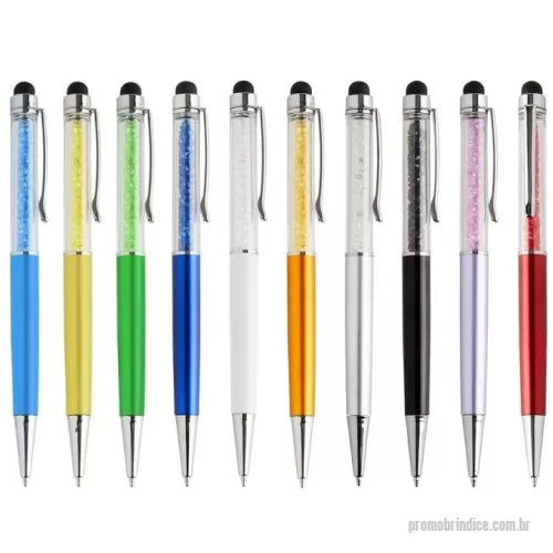 Caneta plástica personalizada - Caneta plástica com touch screen e detalhes em cristal, acionamento por rotação e carga esferográfica azul 1mm.