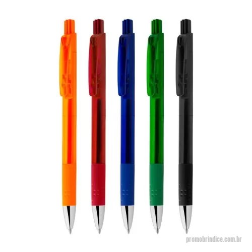 Caneta plástica personalizada - Caneta plástica com grip esferográfica retrátil escrita em azul.