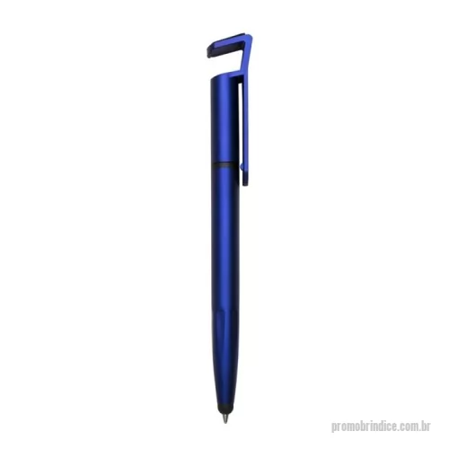 Caneta plástica personalizada - Caneta plástica com suporte para celular, ponteira touch screen e limpador de tela. Carga esferográfica azul 1.0 mm e acionamento por rotação.
