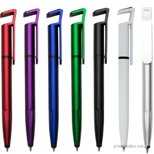 Caneta plástica personalizada - Caneta plástica com suporte para celular, ponteira touch screen e limpador de tela. Carga esferográfica azul 1.0 mm e acionamento por rotação.