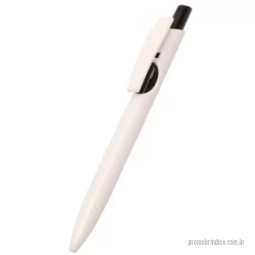 Caneta plástica personalizada - Caneta Plastica branca com detalhes no acionador e destravador Preta. Acionar por clique e para destravar basta apertar a parte inferior do clip. Carga de longa duração.
