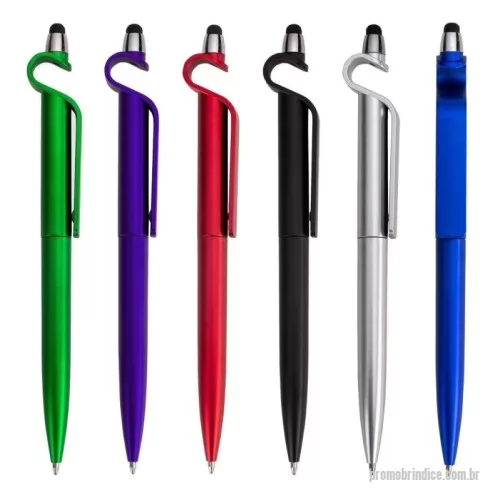 Caneta plástica personalizada - Descrição: Caneta plástica com suporte para celular e touch screen. Carga esferográfica azul e acionamento por rotação.