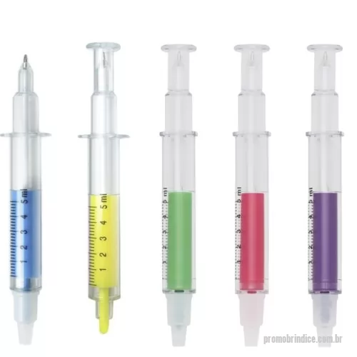 Caneta plástica personalizada - Descrição: Caneta plástica formato seringa, contém marca texto e carga esferográfica azul 1.0 mm, ambas com tampas protetoras.