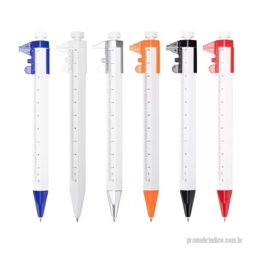 Caneta plástica personalizada - Caneta plástica hexagonal com paquímetro acoplado com escala de medição de 10 cm. Possui acionamento por clique e carga esferográfica azul de 1,0 mm.  Altura :  14,8 cm  Largura :  2,4 cm