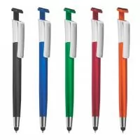 Caneta plástica touch com suporte para celular. Clip aberto utilizado como suporte para o celular e parte superior com limpador de tela. Aciona por clique, carga esferográfica na cor azul.
