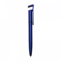 Caneta plástica com suporte para celular, ponteira touch screen e limpador de tela. Carga esferográfica azul e acionamento por rotação.
