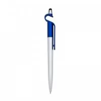Caneta plástica com suporte para celular e touch screen. Carga esferográfica azul e acionamento por rotação.