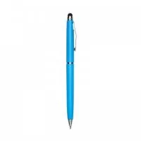 Caneta plástica touch screen com acionamento por rotação e carga esferográfica azul 1mm.