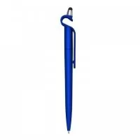 Caneta plástica com suporte para celular e touch screen. Carga esferográfica azul e acionamento por rotação.
