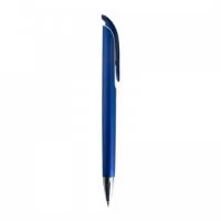 Caneta plástica com carga esferográfica azul e acionamento por clique.