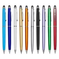 Descrição: Caneta plástica touch screen com acionamento por rotação e carga esferográfica azul 1mm.