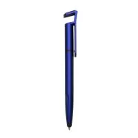 Caneta plástica com suporte para celular, ponteira touch screen e limpador de tela. Carga esferográfica azul 1.0 mm e acionamento por rotação.