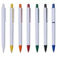 Caneta plástica com carga esferográfica azul 1.0 mm e acionamento por clique.