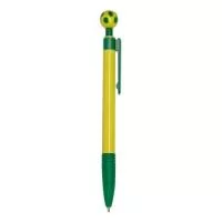 Caneta plástica com acionador formato bola. Carga esferográfica azul 1.0mm e acionamento por clique.  Largura :  1,5 cm  Comprimento :  15 cm