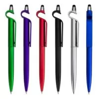 Descrição: Caneta plástica com suporte para celular e touch screen. Carga esferográfica azul e acionamento por rotação.