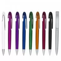 Caneta plástica inteira colorida com detalhes em prata. Possui um clip com design espaçoso ideal para gravação, aciona por clique.