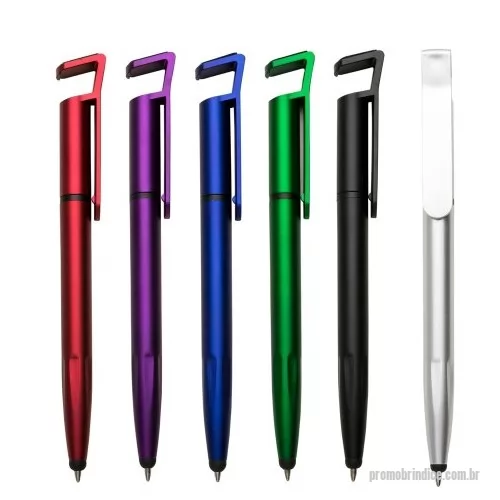 Caneta touch personalizada - Caneta plástica touch Personalizada  com suporte para celular, caneta inteira colorida com detalhes preto.