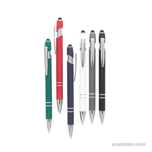 Caneta touch personalizada - Esferográfica em alumínio com ponteira touch Esferográfica em alumínio com acabamento emborrachado. A esferográfica tem escrita em azul, ponteira touch no topo da esferográfica e clipe de metal. ø10 x 143 mm