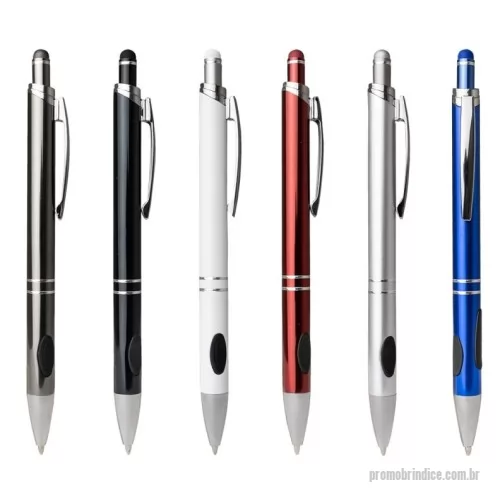 Caneta touch personalizada - Caneta metálica com touchscreen, com detalhe emborrachado na parte inferior, carga esferográfica azul de 1.0 mm e acionamento por clique.
