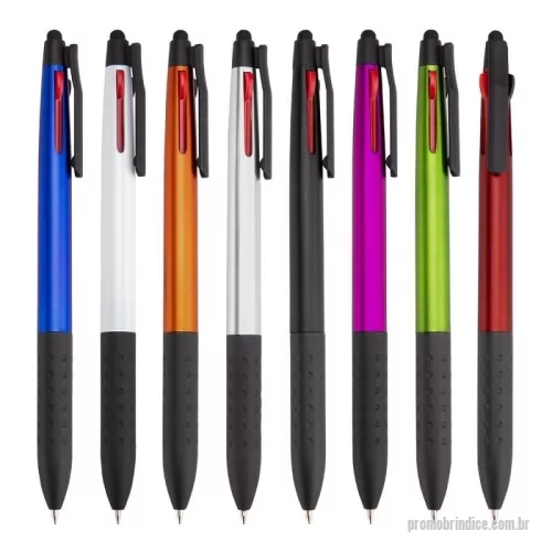 Caneta touch personalizada - Caneta em plástico ABS com três cargas esferográficas de 0,7mm nas cores azul, vermelha e preta. Possui área de empunhadura com textura ergonômica e topo em material emborrachado para uso em dispositivos com tela sensível ao toque.  Altura :  14,7 cm  Largura :  1,4 cm