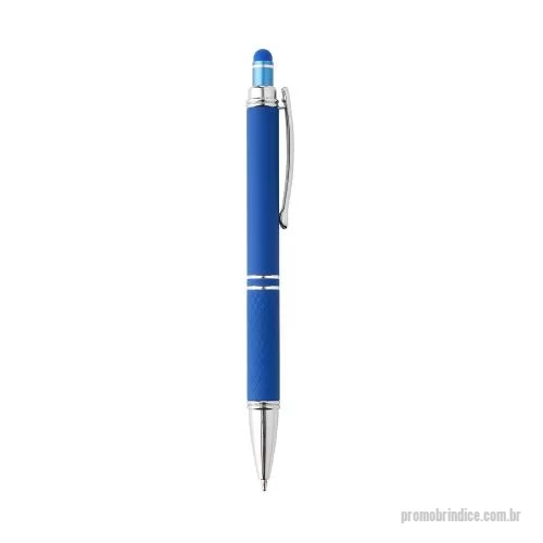 Caneta touch personalizada - Caneta metálica touchscreen com acabamento similar à borracha e parte inferior texturizada, acionamento por clique e carga esferográfica azul 1.0mm.