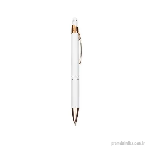 Caneta touch personalizada - Caneta em metal com detalhe emborrachado no topo para a interação com dispositivos de telas sensíveis ao toque. Conta com acionamento por clique e carga esferográfica azul de 1,0mm.