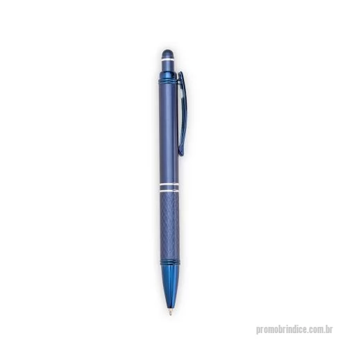 Caneta touch personalizada - Caneta metálica com ponta e clip em plástico. Possui detalhe emborrachado no topo para interação com dispositivos de telas sensíveis ao toque. Conta ainda com acionamento por clique e carga esferográfica azul de 1,0mm.
