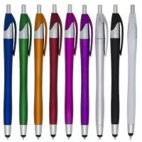 Caneta plástica com ponteira touch screen, carga esferográfica azul e acionamento por clique.