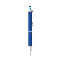 Caneta metálica touchscreen com acabamento similar à borracha e parte inferior texturizada, acionamento por clique e carga esferográfica azul 1.0mm.