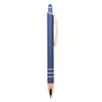 Caneta metálica com carga esferográfica de 1,0mm e acionamento por clique de revestimento emborrachado, ideal para interagir com telas sensíveis ao toque.