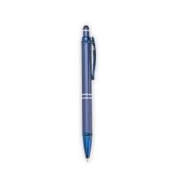 Caneta metálica com ponta e clip em plástico. Possui detalhe emborrachado no topo para interação com dispositivos de telas sensíveis ao toque. Conta ainda com acionamento por clique e carga esferográfica azul de 1,0mm.