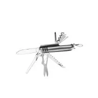 Canivete metal 11 funções com detalhes emborrachados preto(três linhas frente e verso). Possui: lâmina de corte, serrilha, serra madeira, mini tesoura, abridor de latas, abridor de garrafa, chave phillips, lamina de remoção e limpeza, lixa, agulha de sutura e saca-rolhas. Acompanha bainha em nylon.