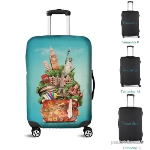 Capa personalizada - Capas protetoras para mala de viagem em Tecido suplex (87% poliéster com 13% elastano) com 340gr., nos tamanhos P mala de bordo 50x34x24cm - M - 54x38x26 cm e G - 64x44x28 cm, com personalização em Sublimação total sem limite de cores.