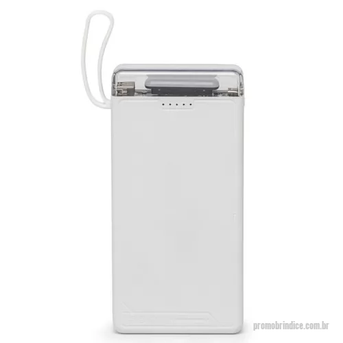 Carregador de bateria personalizado - Carregador power bank de 10.000mAh com lanterna e múltiplas saídas. Produzido em plástico, este power bank possui indicadores de bateria e vem equipado com quatro cabos de carregamento, eliminando a necessidade de transportar cabos extras. Compatível com entradas V8, Tipo-C, Lightning e USB, praticidade é o sinônimo deste carregador. Com alça de borracha e um tamanho compacto para um transporte discreto, ele possui uma capacidade real de 6.000mAh para manter os dispositivos sempre carregados. Acompanha cabo USB-V8.