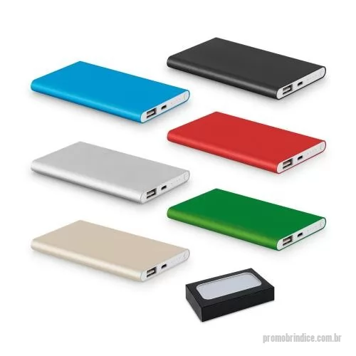 Carregador de celular personalizado - Bateria portátil slim em alumínio. Bateria de lítio com capacidade de 4.000 mAh, tempo de vida ? 500 ciclos e com entrada/saída 5V/1A. Incluso cabo USB/micro USB para carregar a bateria. Fornecida em caixa presente. 110 x 68 x 10 mm