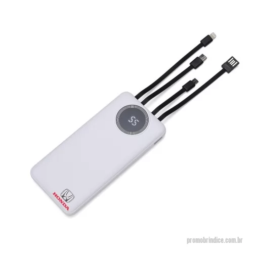 Carregador de celular personalizado - Carregador portátil de 10.000mAh com display digital indicador de bateria, contém duas lanternas de led e quatro cabos de saída acoplados, sendo: saída Lightning, saída Tipo-C, saída V8 e saída USB. O carregador possui uma porta USB dupla (entrada e saída) com carga rápida e outras duas portas de entrada: V8 e Tipo-C. Acompanha cabo USB.