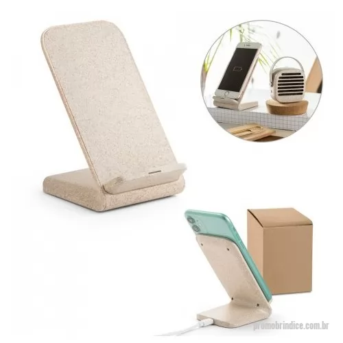 Carregador de celular personalizado - Suporte para celular com carregador wireless super-rápido em fibra de palha de trigo e ABS. Com uma potência máxima de 15W, porta de entrada USB-C e incluso cabo USB-C de 1 m. Fornecido em caixa presente de papel kraft reciclado. A cor e o resultado 