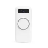 Carregador portátil power bank com 10.000mAh e carregamento via indução ou via cabo. Com display digital indicador de bateria, o carregador contém quatro cabos acoplados: Lightning, Tipo-C, V8 e saída USB para o carregamento da própria bateria. Portas de entrada: V8, Tipo-C e duas portas USB.