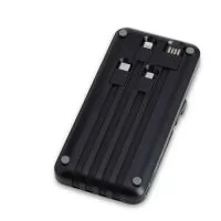 Power bank plástico de 10.000mAh multissaídas com suporte retrátil para celular ou tablet. Com indicadores led de bateria e base antiderrapante, o carregador possui os cabos tipo-C , lightning, , V8 e USB acoplados
