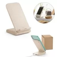 Suporte para celular com carregador por indução (wireless) super-rápido em fibra de palha de trigo e ABS. Com uma potência máxima de 15W, porta de entrada USB-C e incluso cabo USB-C de 1 m. Fornecido em caixa presente de papel kraft reciclado. A cor e o resultado da impressão nos materiais naturais pode variar entre produtos. 70 x 112 x 87 mm