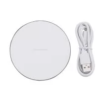 Carregador rápido por indução em plástico com base antiderrapante em silicone. Compatível com Qi, entrada Micro-USB, iluminação RGB.