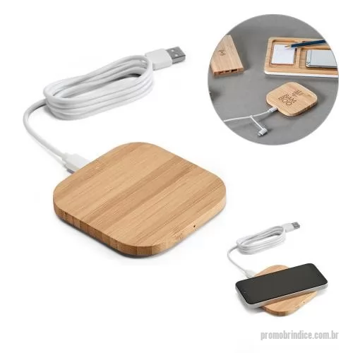 Carregador personalizado - Carregador wireless. Bambu. Input: 5V/2A. Potência máxima de carregamento de 5W. Incluso cabo USB/micro USB de 1 m para carregar. Compatível com smartphones com tecnologia de carregamento sem fios. 