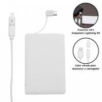 Carregador powerbank Portátil slim em formato de cartão com conector v8 e Adaptador lightning 5G, cabo v8/usb para abastecer o carregador. Com capacidade de 1200MAH. Gravação em Silk Screen ou Digital.