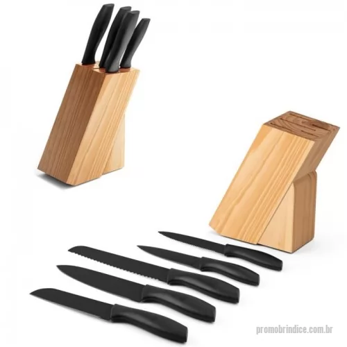 Cepo para faca personalizado - Suporte para facas em madeira de pinho. Incluso conjunto de 5 facas de cozinha: faca utilitária média, faca utilitária pequena, faca para vegetais, faca para pão e faca para carne. Peças em aço inox e PP, cabo com acabamento emborrachado. Próprio para contato com alimento. 150 x 310 x 85 mm