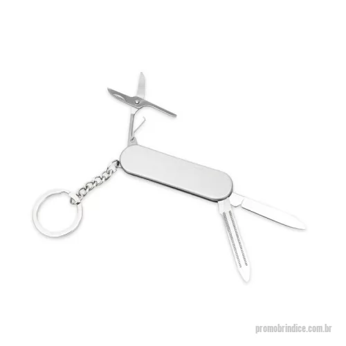 Chaveiro Canivete personalizado - Canivete com estrutura em aço inox e três funções diferentes: lâmina de corte, lixa de unha e uma mini tesoura, além de argola metálica.