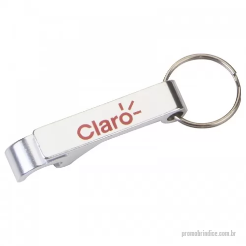 Chaveiro com abridor de garrafa personalizado - Chaveiro abridor, em metal, cor prata, Tamanho total: 6,3 cm x 1,0 cm